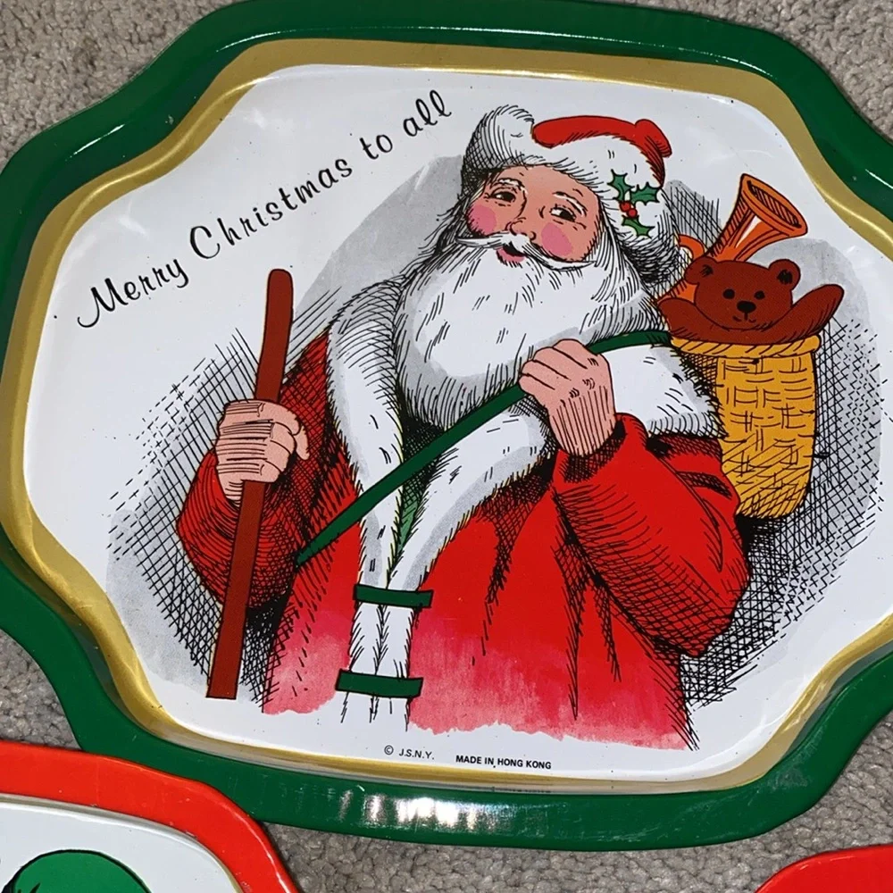 Vintage JSNY Christmas Metal Cookie Snack Tray Set ‎ Hong Kong Made (3)